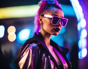 A young woman in a futuristic cyberpunk style outfit poses for the camera. The background is white. This image shows the concept of alternative fashion, subculture, and technology.