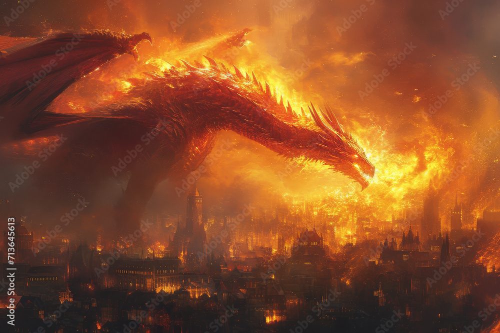 Wall mural Dragon breathing fire while flying over a village. Mythology creature. Dark fantasy illustration. Generative AI - Wall murals