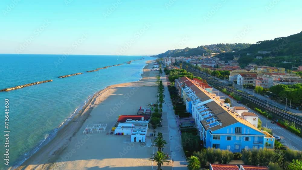 Wall mural cupra marittima, italy - september 30, 2023: aerial pullback of cupra marittima promenade. the site 