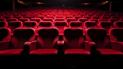 Rows of unoccupied theater chairs in a quiet and atmospheric auditorium, awaiting an audience.