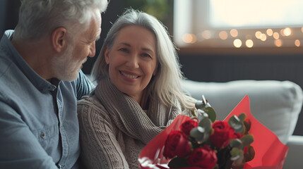 mature old man surprises his wife with roses on valentines day, love, old couple, happy valentines day