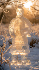 A single majestic Terracotta Warrior ice sculpture, in a snowy field. 