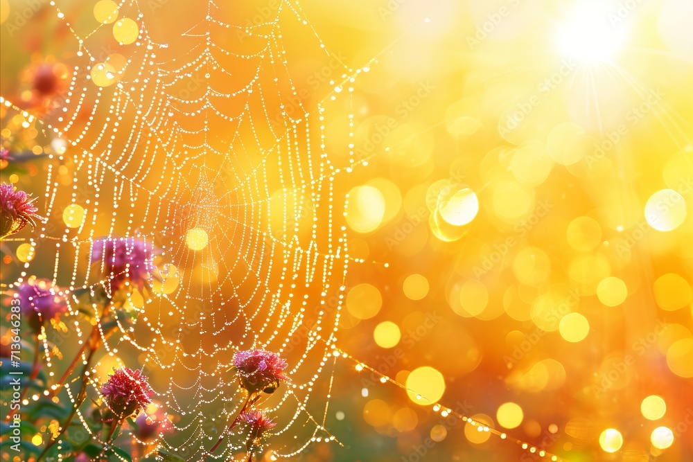 Wall mural close up of delicate spider s web with intricate patterns glistening with dewdrops in sunlight
