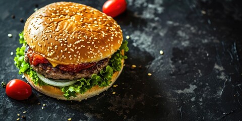 Irresistible Burger Temptation: Enjoy a Top-View Fast-Food Classic, a Hamburger Bursting with Fresh Ingredients, Offering a Tasty and Satisfying Culinary Experience for Fast-Casual Indulgence.