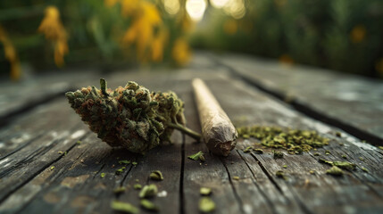 Cannabis buds and cigar on old wooden table. Close up. - obrazy, fototapety, plakaty