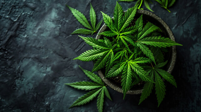 Cannabis plant on dark background with copy space. Cannabis leaves.