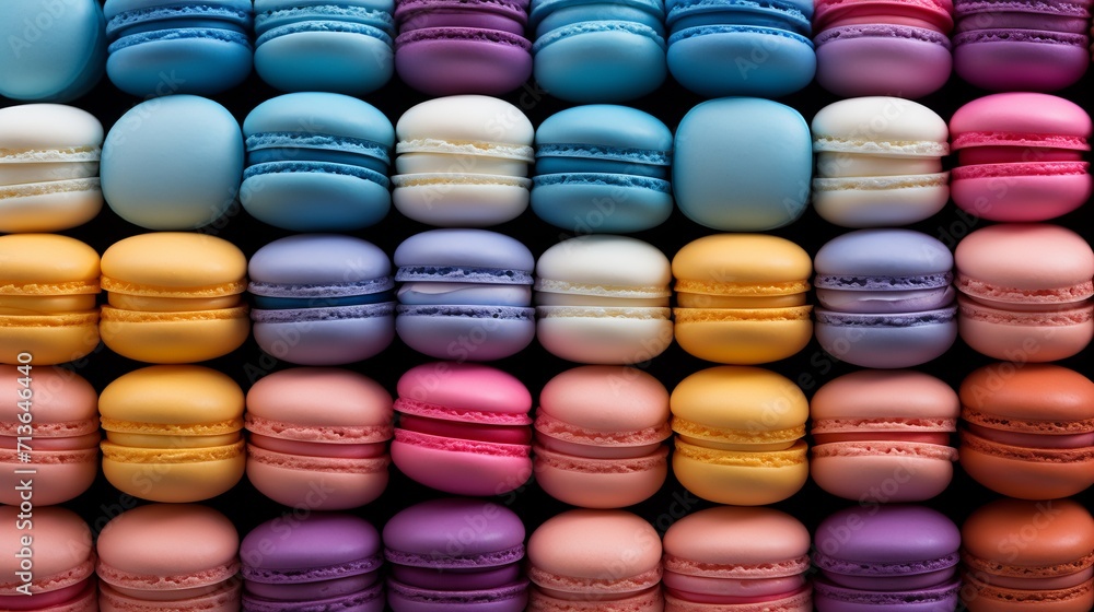Poster a vibrant pattern of colorful macarons, arranged in a visually striking display.