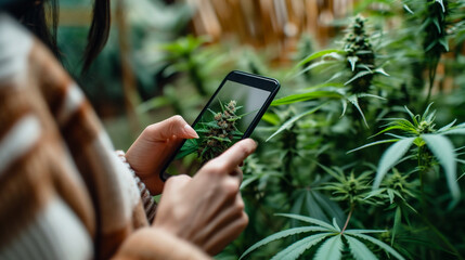 Close-up of a young woman using smartphone to take a photo of cannabis plant