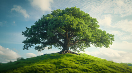 An ancient thousand-year-old oak tree on top of a hill in a green meadow
