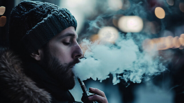 Young man with beard vaping an electronic cigarette on the street at night