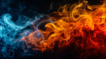 Fotobehang Colorful smoke of orange, yellow and blue on a black isolated background. Background from the smoke of vape © Jioo7