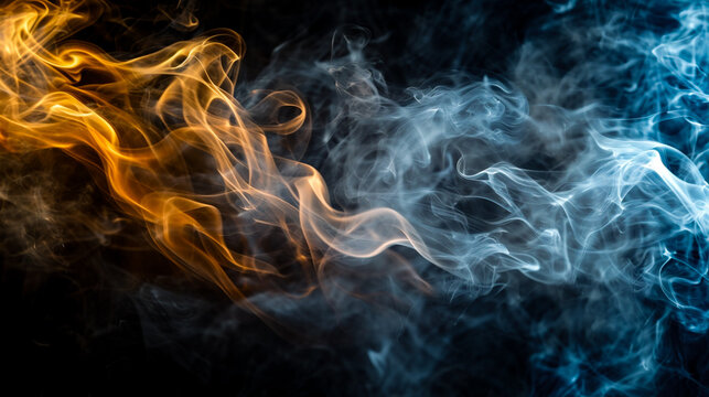 Colorful smoke of orange, yellow and blue on a black isolated background. Background from the smoke of vape