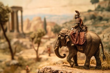 The Alps Conquest: Cinematic Scene of Hannibal Barca, Carthaginian General in His Thirties, Astride an Elephant, Surveying the Harsh Mountain Sunlight with Sun Flare, Signifying Audacity and Strategic - obrazy, fototapety, plakaty