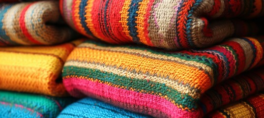 Intricate handwoven tapestry close up with vibrant patterns in bright lighting, showcasing artistry