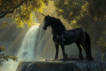 Obraz na płótnie Canvas Black Unicorn in the fog