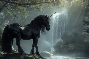 Obraz na płótnie Canvas Black Unicorn by waterfall