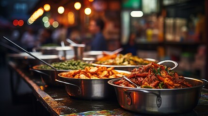 Bustling street food market with colorful and mouthwatering offerings under vibrant lighting.