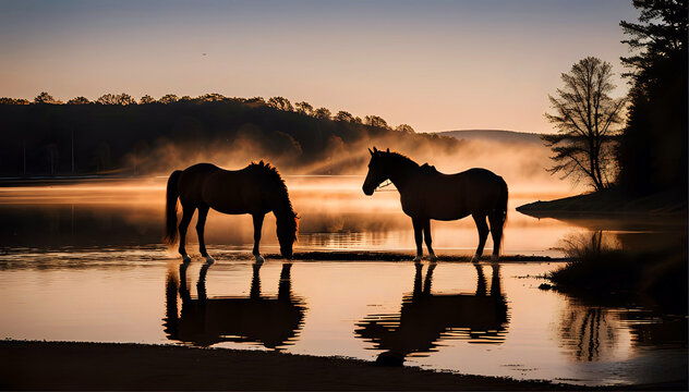background silhouette horse serene lake. Capturing the poetic and peaceful essence of the scene