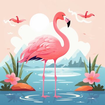 Beautiful pink flamingo bird scenery painting image Ai generated art