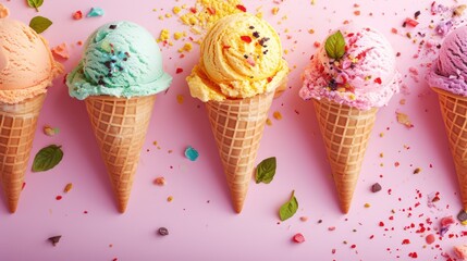 Colorful and delicious Gelato background with sweet, fresh toppings, providing a perfect canvas for text.
