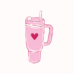 Hand drawn stanley cup. Cute pink tumbler vector - obrazy, fototapety, plakaty