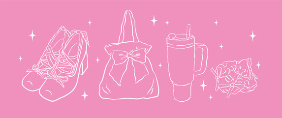 Illustration of pink bag with ribbon. Hand drawn pink bow of coquette soft style. Cute pink bow vector