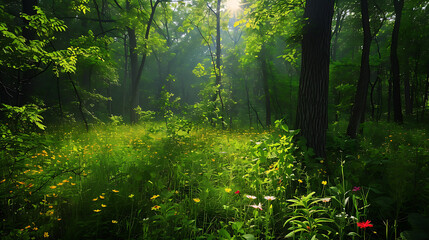 A luz do sol filtra-se através da densa copa verde lançando sombras manchadas no chão da floresta  Flores vibrantes irrompem da vegetação criando uma explosão de cores contra o fundo verde exuberante - obrazy, fototapety, plakaty
