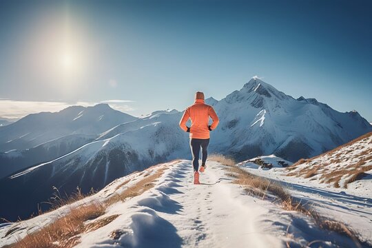 male runner exercising running on winter snow mountain