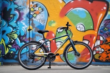 Fototapeta premium Bike Parked in Front of Colorful Wall, Urban Scene