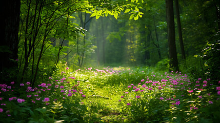 A luz do sol filtra-se através da densa copa verde lançando sombras manchadas no chão da floresta  Flores vibrantes irrompem da vegetação criando uma explosão de cores contra o fundo verde exuberante - obrazy, fototapety, plakaty