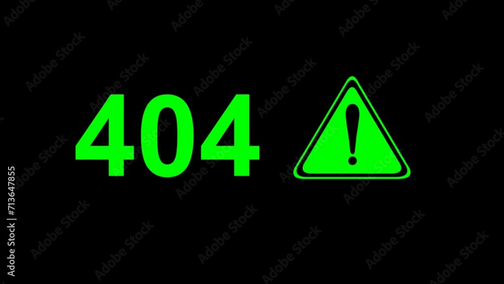 Poster video animation green icon error 404 and alert exclamation mark sign. on a transparent background wi
