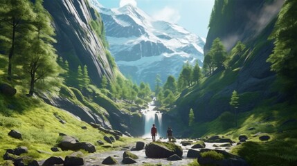 A couple of hikers trekking through a easy mountain Ai Generative