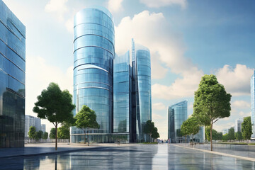 Obraz premium City's financial heartbeat: Iconic business buildings and banking institutions grace the urban skyline in this dynamic cityscape. A symbol of economic prowess and financial hub.