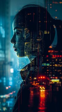 woman city background portrait modern nocturnal symmetric faces digital displays parallelism avatar terminals