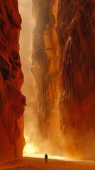man walking desert canyon large rock formation stunning singularities entertainment tall golden heavenly gates