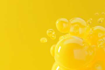 Transparent bubbles of various sizes float against a monochromatic yellow background