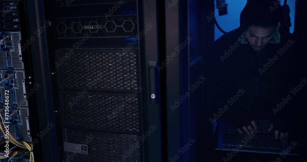 Poster control room, data center and hacker with laptop, cyber crime and person in the dark for server and 