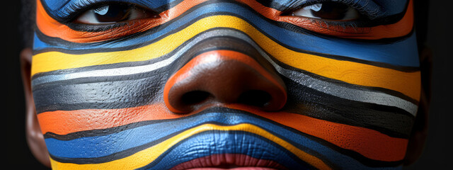 Naklejka premium Visions of an Enigmatic Masquerade, A Mysterious Man With Mesmerizing Painted Face and Extravagant Face Paint