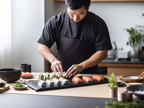 Asian male chef making sushi in a kitchen of restaurant