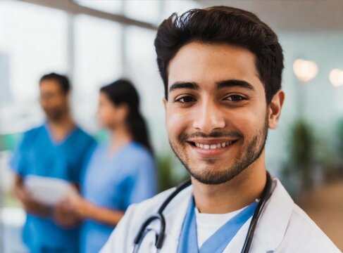 Portrait Of Latin Doctor Closeup At Hospital With Teamwork