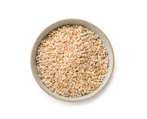 Dry pearl barley in bowl isolated on white, top view