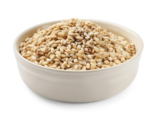 Dry pearl barley in bowl isolated on white