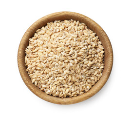 Dry pearl barley in bowl isolated on white, top view