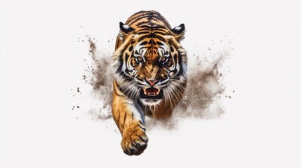 angry tiger running towards camera isolated transparent Ai Generative
