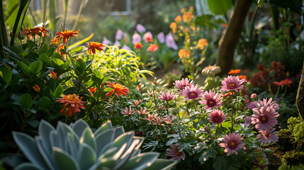 A luz do sol passa pelas exuberantes folhas verdes de um jardim botânico intricadamente projetado lançando padrões pontilhados nas flores vibrantes abaixo
