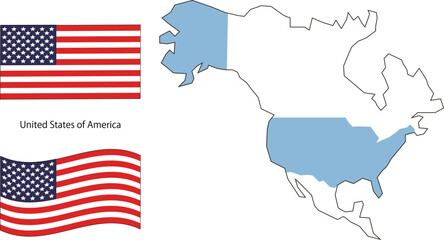 アメリカ合衆国の国旗、揺れる国旗、シンプルな地図のベクターイラスト