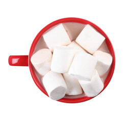 Cup of aromatic hot chocolate with marshmallows isolated on white, top view