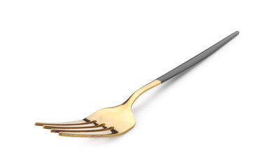One shiny golden fork with black handle isolated on white