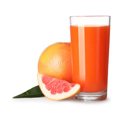 Tasty grapefruit juice in glass, fresh fruits and green leaf isolated on white