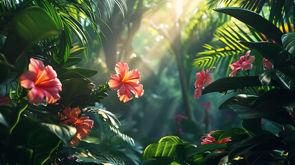 Obraz na płótnie Canvas Raios de sol filtram-se pelas exuberantes folhas verdes das plantas tropicais lançando sombras pontilhadas no chão abaixo